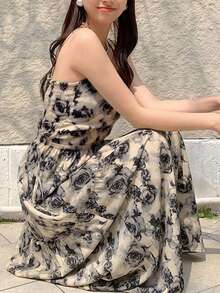 2025 Spring/Summer Versatile Women's Casual Floral Print Tie-Front Dress - Apricot - View 4