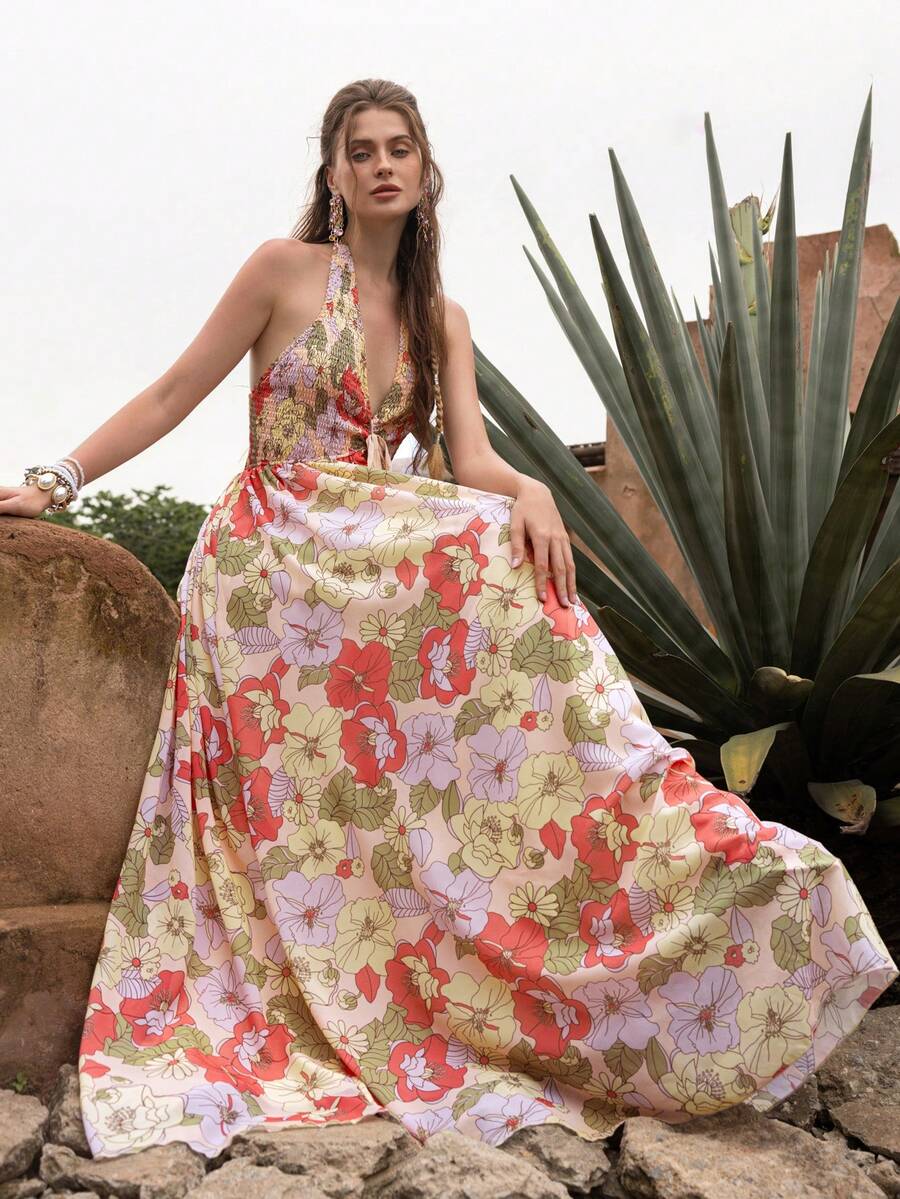 Faeriesty BohoBloom 女士波西米亚风露背细肩带长裙，可调节系带后背，A 字廓形 - 非常适合海滩度假、休闲城市出行、公园漫步、与朋友聚会和音乐节。 - 粉色 - 查看 1