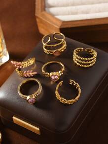 4/6/7 Pieces Fashionable French Delicate Stainless Steel Ring Set For Women With Pink Gemstone Jewellery Suitable For Women's Daily Matching Use Holiday Dating Gift Wedding Engagement Ring Jewellery