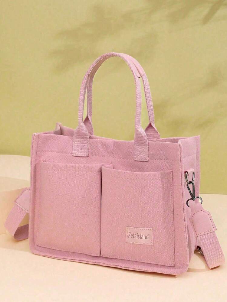 多功能竖条纹单肩包，女士钱包/手提包，大容量多口袋帆布单肩托特包/手提包，轻便休闲托特单肩斜挎包，学生背包/笔记本电脑包，简约运动背包，多隔层多口袋，适合学院风学生背包 - 粉色 - 查看 5