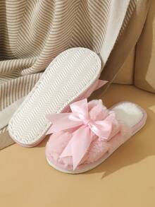 Autumn/Winter Bowknot Closed Toe Slippers For Women, Lightweight Non-Slip Fluffy Indoor/Outdoor Casual Slippers