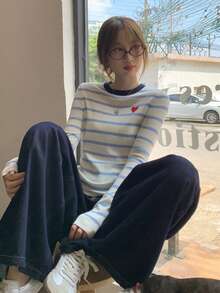 女士时尚分层高领毛衣，合身条纹针织上衣，韩版风格，春秋季 - 藍色 - 查看 6