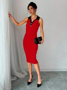 Vestido elegante, casual y ajustado para mujer, sin mangas, silueta ajustada, cuello en "V" con dos botones de piedra artificial, elegantes y decorativos. Tela tipo canalé de poliéster y elastano, apto para temporadas de verano y primavera. Muy cómodo, ligero y agradable con tu piel, ideal para tus ocasiones especiales. Diseño corto. - Rojo - Ver 2