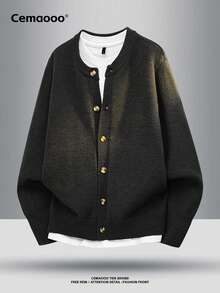 Men's Casual Minimalist Non-Deformable Fashion Loose Solid Color Ribbed Cuff & Hem Design Soft Comfortable Warm Crew Neck Cardigan Jacket, Autumn - Black - View 1