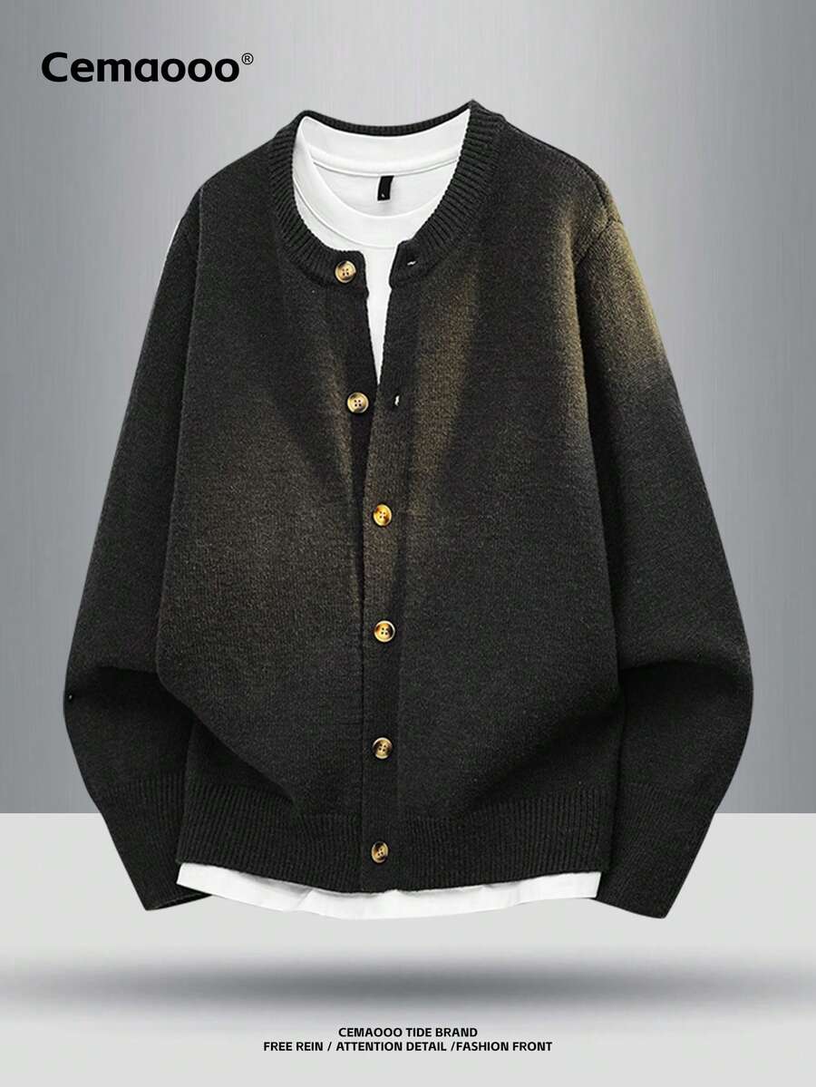 Men's Casual Minimalist Non-Deformable Fashion Loose Solid Color Ribbed Cuff & Hem Design Soft Comfortable Warm Crew Neck Cardigan Jacket, Autumn - Black - View 1