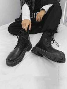 SLNU★3 Brand Men's Fashionable Thick Sole High-Top Boots  Punk  Preppy  Casual    Suitable For Outdoor  Four Seasons - 黑色 - 查看 4