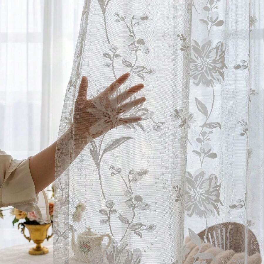 1 件法式复古风格白色花卉蕾丝薄纱窗帘，适用于客厅、卧室、书房 - 彩色 - 查看 1