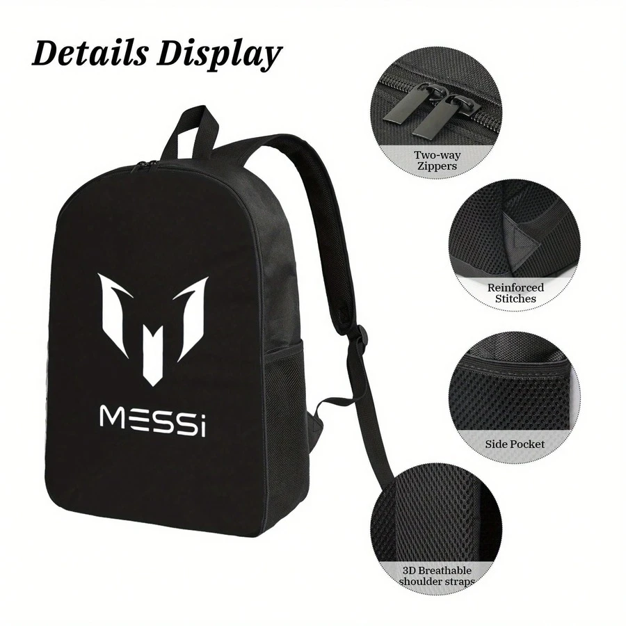 A Boys Messi Soccer 1 1 4xx Backpack For School Fashionable Polyester Printed Backpack Simple And Elegant, For Teenager - 黑色 - 查看 1