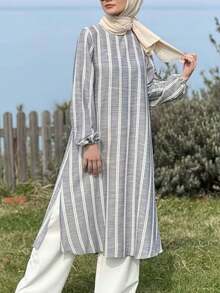 女士时尚简约条纹长袖连衣裙，适合所有季节 - 灰色 - 查看 3