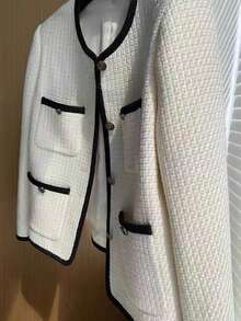 Women's Classic Regular Jacket, Tweed Fabric, Long Sleeve V-Neck Design, With Pockets And Black Trim Details, Non-Stretch