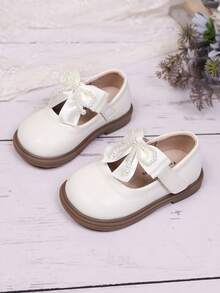 1 Pair Girls' Pearl Ribbon Bow Round Toe Sweet Fashion Princess Style Flat Shoes, Suitable For Spring And Autumn - White - View 2