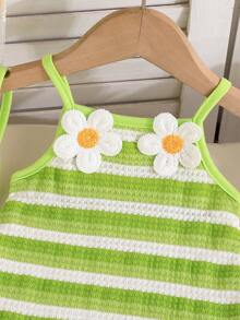 Baby Girls' Summer Striped Sleeveless Dress With Floral Embroidery, Sweet Dress With Crossbody Bag - Green - View 3