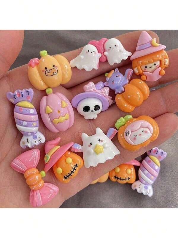 10/20/30pcs Halloween Cartoon Resin Decorations, Mixed Colors DIY Handmade Decor, Suitable For Phone Cases, Hair Clips, Jewelry Making - Scary Pumpkins, Ghosts Etc. - Random Mix