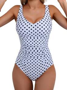 Traje de baño de una pieza con diseño fruncido y control de abdomen - Lunares blancos y negros - Ver 1