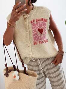 Plus Size Women's Fall And Winter Fashion Casual Bohemian Vacation Simple Commuter Contrasting Colors English Letters Love Printed Round Neck Pearl Buttons Sleeveless Cardigan Brunch Outfits For Women