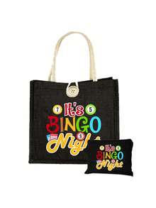 2pcs/Set "Bingo" Letter Print Handbag Set, Bingo Women's Handbag And Wallet Set, Including A Handbag And A Coin Purse, Large-Capacity Women's Bag, Lightweight Large-Capacity Handbag, Reusable Burlap Shopping Bag, Fabric Structure,Gifts For Women,Christmas Gifts,Gift Ideas For Women