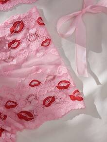 Rosa Spitzen-Lingerie-Set mit Lippen-Muster, charmant und sexy