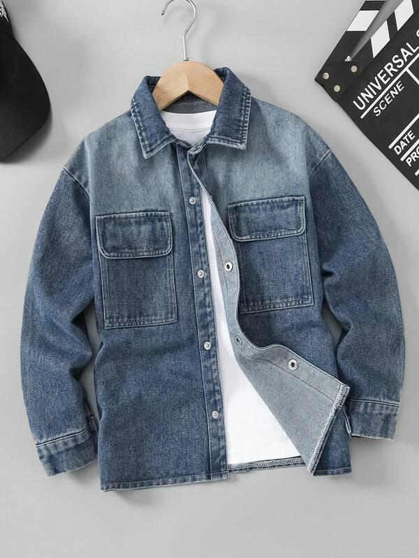 Tween Boy Casual Fashion Workwear Pocket Bleached Suit Collar Long Sleeve Shirt, Autumn/Winter