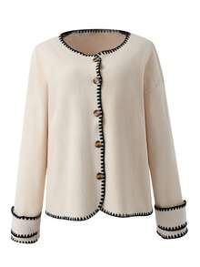 Autumn And Winter Casual Knitted Contrasting Edge Women's Cardigan, Loose Round Neck Jacket