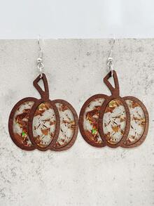 2pcs Fashionable Multi-Color Halloween Pumpkin Splice Minimalist Wooden Acrylic Pendant Earrings For Women, Suitable For Party, Halloween Event