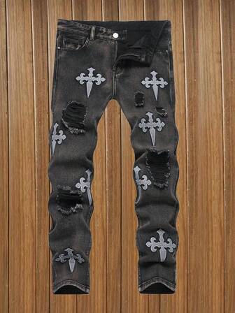 男童休闲松紧腰破洞牛仔裤