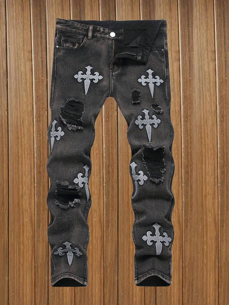 Pantalones vaqueros casuales con cintura elástica y efecto desgastado para niños - Negro - Ver 1