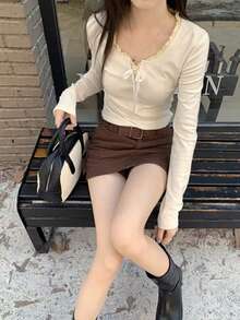 Women's Frill Trim Front Tie Long Sleeve Casual T-Shirt, Spring/Autumn