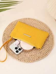 Mini Wavy Pattern Clutch Wallet, Large Capacity Minimalist Zipper Coin Purse, Yellow - Yellow - View 7