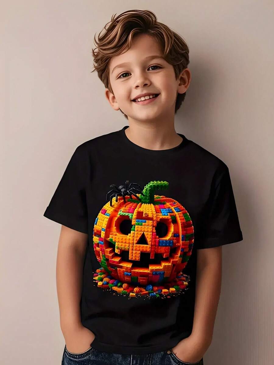 Halloween Theme Printed Fashionable And  Soft And Comfortable Casual T-Shirt, Suitable For Both Men And Women - 黑色 - 查看 1