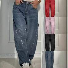 Women Diamond Straight Loose Jeans Fashion Vintage Boyfriend Denim Pants - 粉色 - 查看 2