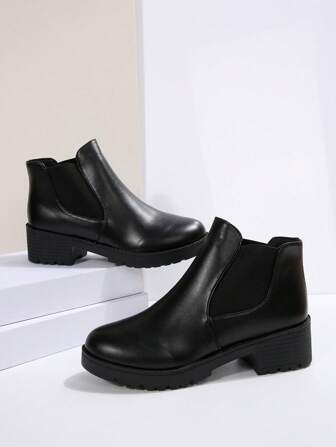 Autumn/Winter Fashion Short Boots, Solid Color Square Heel Round Toe Women's Boots, Preppy School Style, Comfortable & Durable Slip-On Ankle Boots, Outdoor Boots. Classic Design, Fashionable Boots (Shoes Run Small, Order One Size Up)