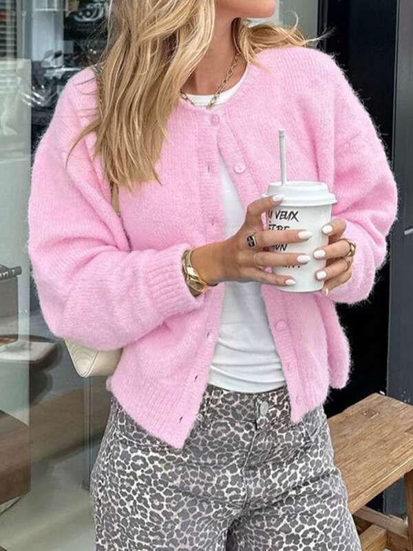 Soltrb Women's Casual Solid Color Single-Breasted Cropped Cardigan Sweater