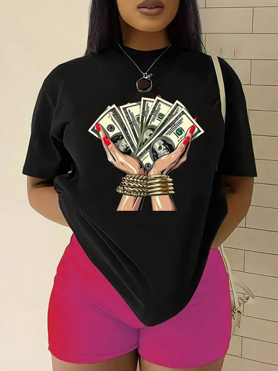 Camiseta de Cuello Redondo con Estampado de Dólar, Camiseta Casual de Manga Corta para Primavera y Verano, Ropa de Mujer - Negro - Ver 1