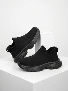 1 Pair Kids' Sneakers, Breathable Elastic Soft Shock-Absorbing Quick-Drying Lightweight Slip-On Casual Shoes For Boys & Girls, Suitable For Running & Walking - Black - View 5