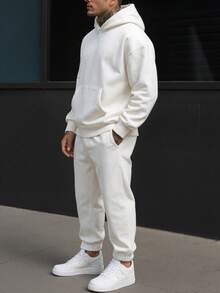 Nowy męski zestaw odzieży sportowej w jednolitym kolorze, prosty, jednokolorowy, codzienny zestaw z kapturem na jesień i zimę do pracy - Biały - Zobacz 4