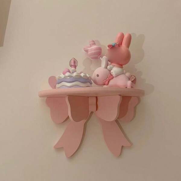 1pc Halloween & Christmas Decorative Wall Shelf, Soft Girl Showa Style Pink Bow Wooden Wall Mounted Storage Rack, Girly Room Decor
