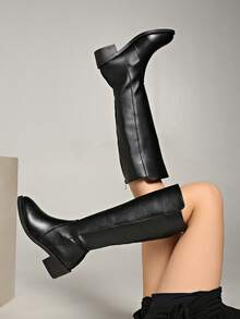 2025年秋冬新款女式及膝马靴，低跟，修腿，百搭，棕色和黑色，过膝靴 - 黑色 - 查看 7