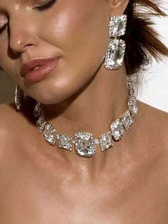 3pcs Luxury Exaggerated Rhinestone Necklace & Earrings Set, Bridal Wedding Party Dress Jewelry Accessories For Women