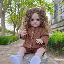 22 Inch Fully Vinyl Simulation Doll Cute Realistic Curly Hair Reborn Dolls Dress Up Game Washable Toys Accompanying Gifts - Coffee Brown - View 8