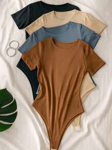 4-Piece Women's Bodysuit, Short Sleeve, Comfortable, Shapewear, Tight-Fitting Bodysuit In Basic And Versatile Suplex. Suplex Fabric Shapes And Enhances. Simple, Casual, Elegant, Knitted. - kaki đen xám nâu - Xem 2