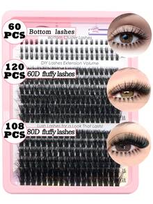 Mikiwi 100D/120D Fluffy Lash Clusters Kit With Bottom Lahses,Volume DIY Individual Lashes Eyelash Extension ,5mm/6mm/7mm Bottom Lashes Multi-Layered Dramatic Faux Mink Fluffy Eyelash Clusters 9-18mm Mix - màu đen - Xem 4