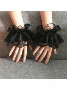 1 Pair Lace Cuffs For Women, Lolita Fashion Accessory, Suitable For Wedding Dress, Cosplay Valentine's Day Valentines - màu đen - Xem 4