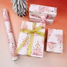 1 Roll Christmas Tree Gift Wrapping Paper - Pink & Gold Holiday Wrapping Paper, 118.11 Inches Long - Decorative Festive Paper, Suitable For Gifts, Premium Christmas Tree Pattern Design, No Accessories, Paper Material