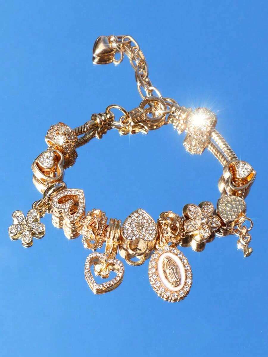 1pc Religious Virgin Mary Charm Bracelet, 1pc Religious Cross Bracelet, 1pc Fashion Sakura DIY Bracelet, 1pc Fashion Heart Lock & Key Bracelet - 金子 - 查看 1