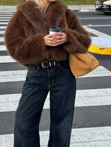 DEEKA 秋冬新品加厚仿狐狸毛和仿毛皮混纺青春时尚人造毛皮大衣短款夹克 - 棕色 - 查看 8