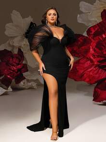 Smilprince 加大码性感黑色露肩礼服，透明网眼袖，高开叉紧身晚礼服，女士返校节派对礼服，优雅舞会礼服，迷人礼服 - 黑色 - 查看 6