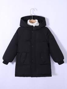 1pc Solid Color Mid-Length Boys/Girls Winter Jacket, Suitable For Daily Indoor And Outdoor Casual Wear - Black - View 1