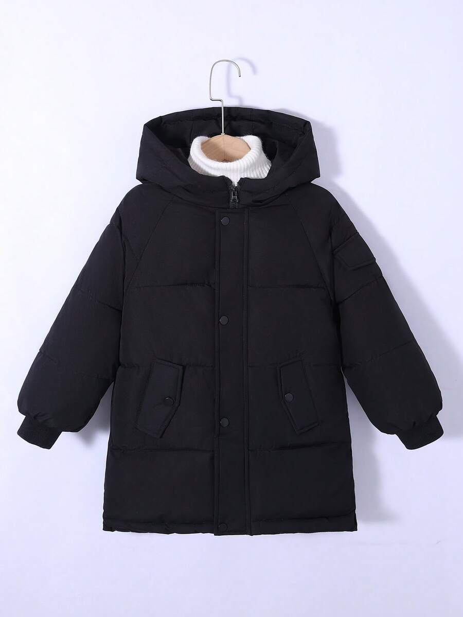 1pc Solid Color Mid-Length Boys/Girls Winter Jacket, Suitable For Daily Indoor And Outdoor Casual Wear - Black - View 1