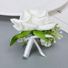 5pcs White Rose Corsage, Elegant European Style White Rose Corsage For Wedding And Party Decoration, Romantic Artificial White Rose, Elegant Wedding Supplies, Unique Party Decoration And Accessories, Suitable For Bride, Bridesmaid, Gentleman, Groom, White Rose Wedding Flower Accessories, Ball Gown Decor