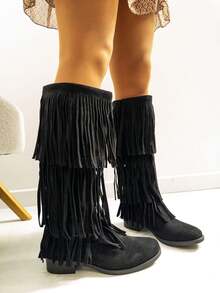 STYLEE FOOTWEAR SHOES FOR WOMEN Knee-High Boots With Layered Fringes, Modern And Bohemian Design Ideal For Autumn And Winter, Versatile Women's Footwear That Combines With Dresses, Skirts And Tight Pants, Perfect For Daily Use, Casual Events And Looks With Personality, Offering A Perfect Fit And Long-Lasting Comfort, A Current Style That Brings Movement And Distinction To Any Outfit. Estimated Delivery: 1-3 Business Days (Peninsula) - 黑色 - 查看 2